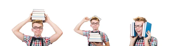 Lustiger Student mit Bücherstapel — Stockfoto