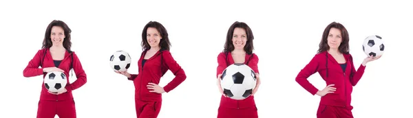 Jonge vrouw met voetbal op wit — Stockfoto