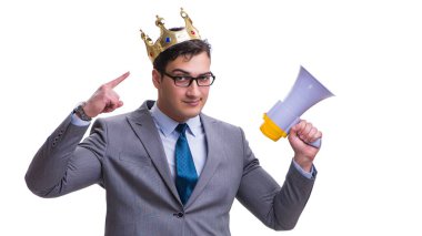 Beyaz arka plan üzerinde izole bir megafon ile Kral işadamı