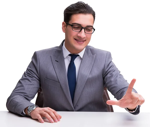 Jeune homme d'affaires appuyant sur des boutons virtuels isolés sur bac blanc — Photo