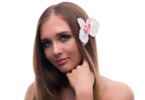Piękna młoda modelka z makijażem pozowanie izolowane na whi — Zdjęcie stockowe