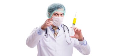 Beyaz şırıngalı komik doktor.