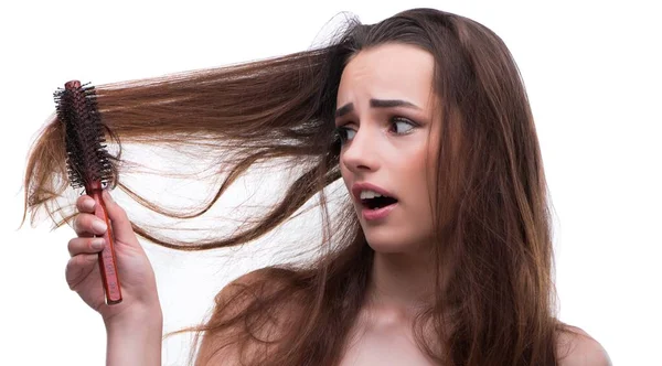 Жінка в концепції краси розчісує волосся втрата лоскоту — стокове фото