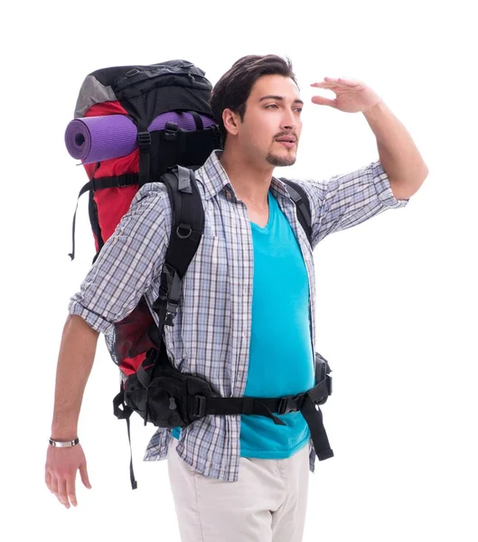 Backpacker mit großem Rucksack isoliert auf weiß — Stockfoto