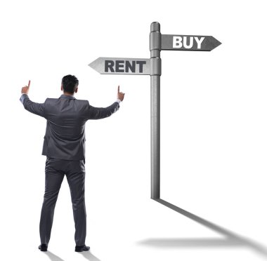 İşadamı, satın alma ve kiralama üzerine beyaz Kavşağı betweem