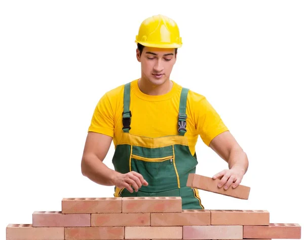 The handsome construction worker building brick wall — Stock Photo, Image