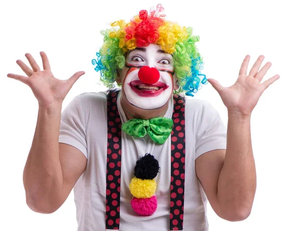 Grappige clown acteren dom geïsoleerd op witte achtergrond — Stockfoto