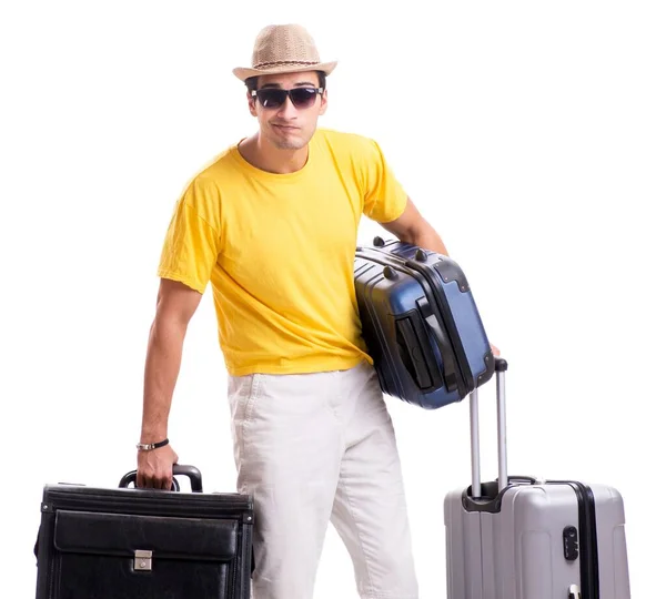 El joven feliz que se va de vacaciones de verano aislado en blanco —  Fotos de Stock