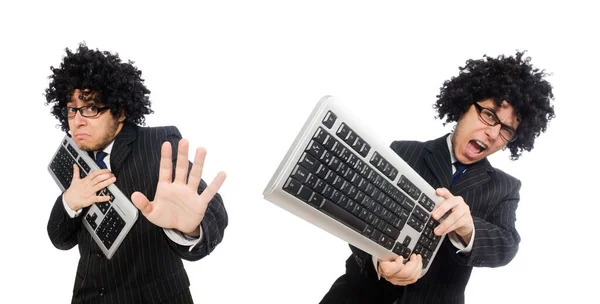 Ung anställd med tangentbord isolerat på vitt — Stockfoto