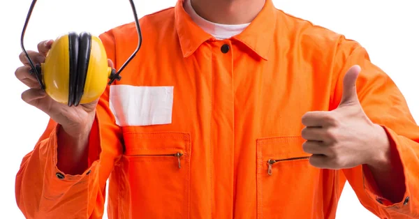 Construction worker with noise cancelling earphones — Stock Photo, Image