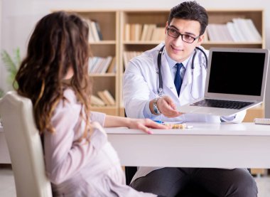 Hamile kadın muayene için doktoru ziyaret ediyor.