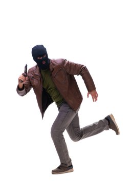 Kar maskesi takan soyguncu beyaz arka planda izole edilmiş.