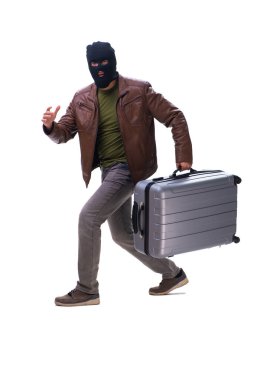 Kar maskesi takan soyguncu beyaz arka planda izole edilmiş.