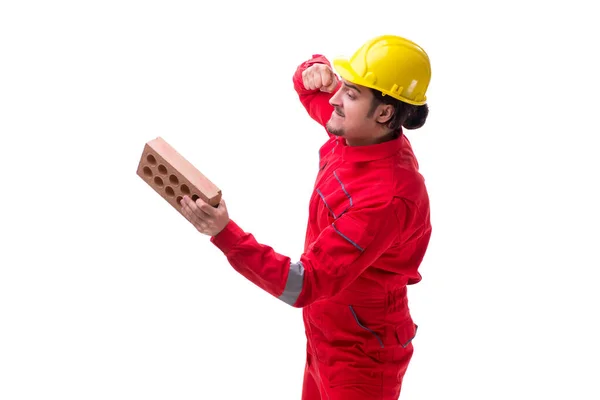 Young male mason with brick isolated on white — Stock Photo, Image