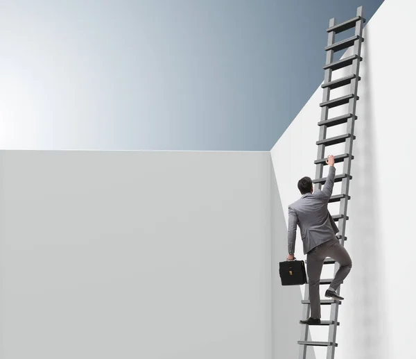 Empresario subiendo una escalera para escapar de problemas — Foto de Stock