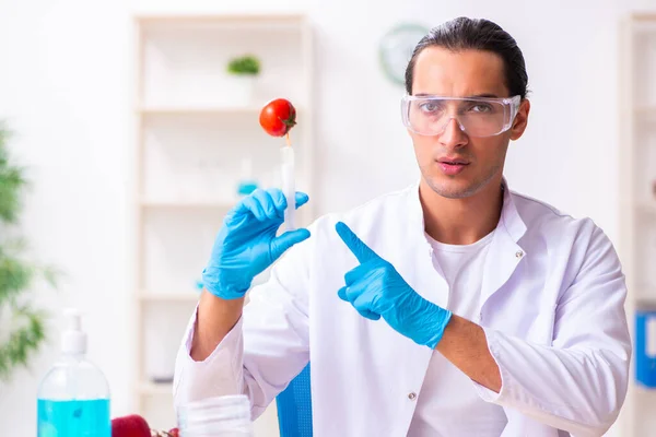 Young male nutrition expert testing food products in lab