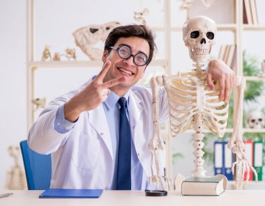 Çılgın profesör insan iskeleti üzerinde çalışıyor.