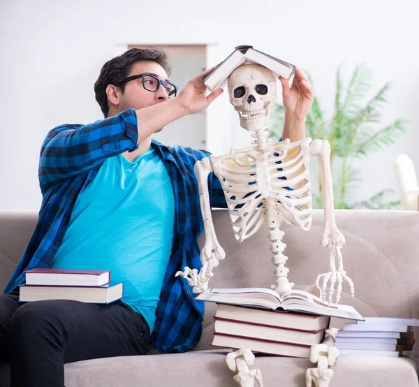 Estudante estudando com esqueleto se preparando para exames — Fotografia de Stock