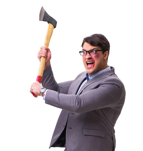Homem de negócios irritado com machado isolado em branco — Fotografia de Stock