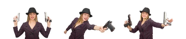 Gangster-Frau mit Waffe isoliert auf Weiß — Stockfoto