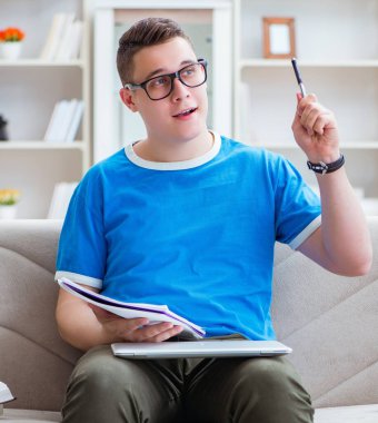 Sınavlara hazırlanan genç öğrenci kanepede ders çalışıyor.