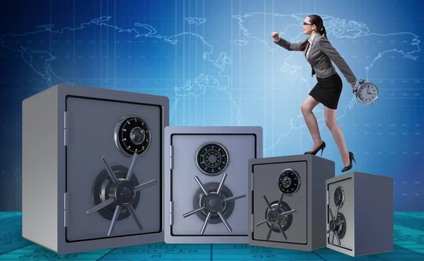 Businesswoman walking on top of safe — Stock Photo, Image