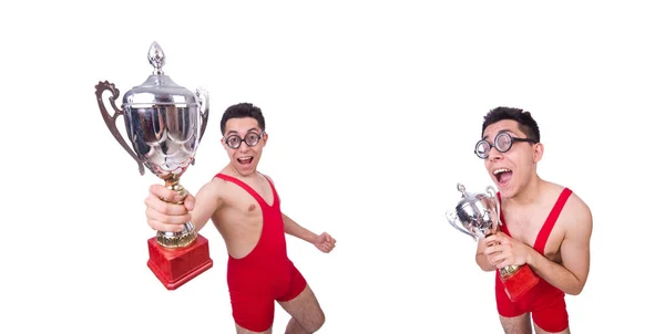 Luchador divertido con la taza de ganadores —  Fotos de Stock