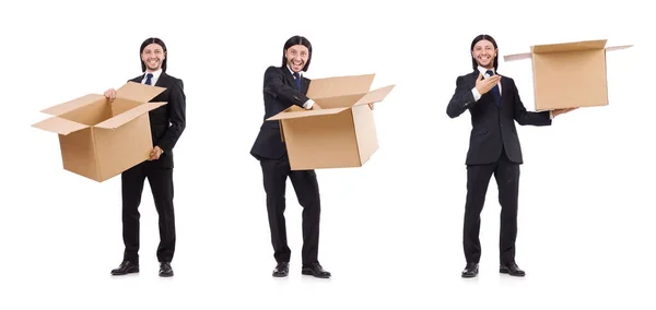 Смішний чоловік з коробками на білому — стокове фото