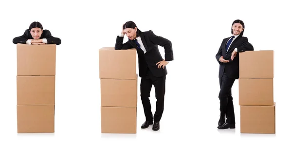 Hombre divertido con cajas en blanco — Foto de Stock