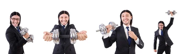 Jovem empresário segurando barbell isolado em branco — Fotografia de Stock