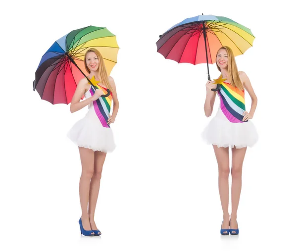 Žena s deštníkem izolovaným na bílém — Stock fotografie