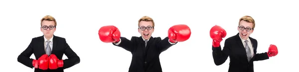 Jovem homem de negócios boxer isolado em branco — Fotografia de Stock