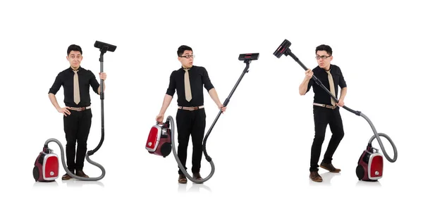 Man with vacuum cleaner isolated on white — Stock Photo, Image