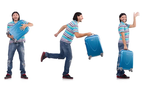 Young man travelling with suitcases isolated on white — Stock Photo, Image