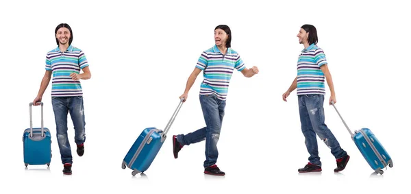 Giovane con valigia isolata su bianco — Foto Stock