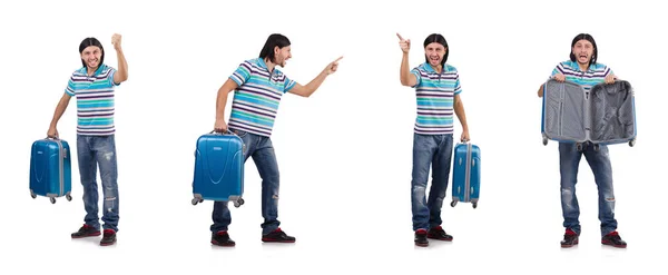 Young man travelling with suitcases isolated on white — Stock Photo, Image