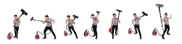 Funny man with vacuum cleaner on white — Stock Photo, Image