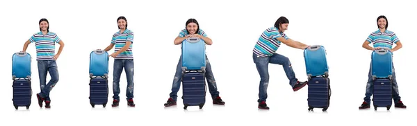 Młody człowiek podróżujący z walizkami odizolowanymi na biało — Zdjęcie stockowe