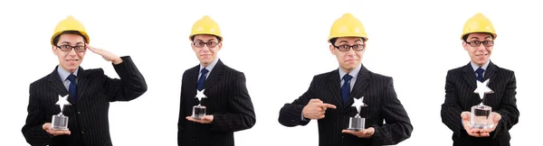 Funny guy with prize and hardhat — Stock Photo, Image