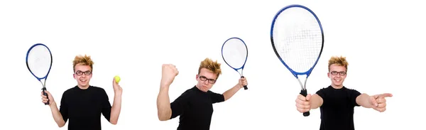 Grappige tennisspeler geïsoleerd op wit — Stockfoto