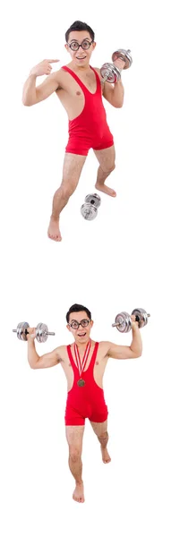 Komik adam beyaz dumbbells ile egzersiz — Stok fotoğraf