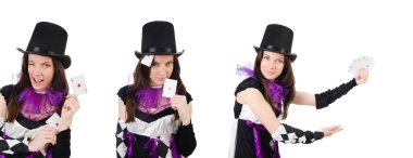 Soytarı kostüm üzerine beyaz izole kart ile güzel kız