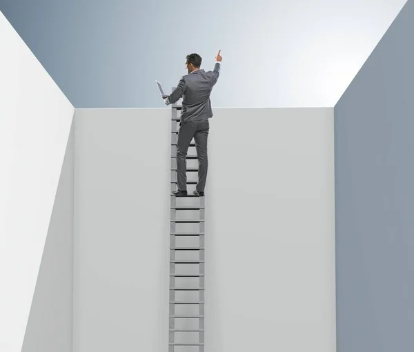 Homme d'affaires grimpant une échelle pour échapper à des problèmes — Photo