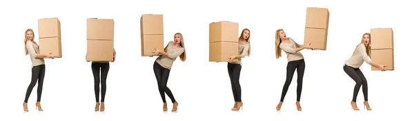 Mulher com caixas se mudando para nova casa isolada em branco — Fotografia de Stock