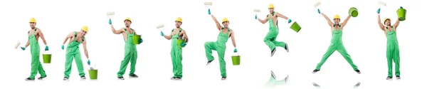 Painter in green coveralls on white — Stock Photo, Image