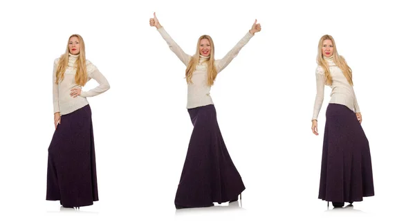 Söt flicka i violett länge klä isolerad på vit — Stockfoto