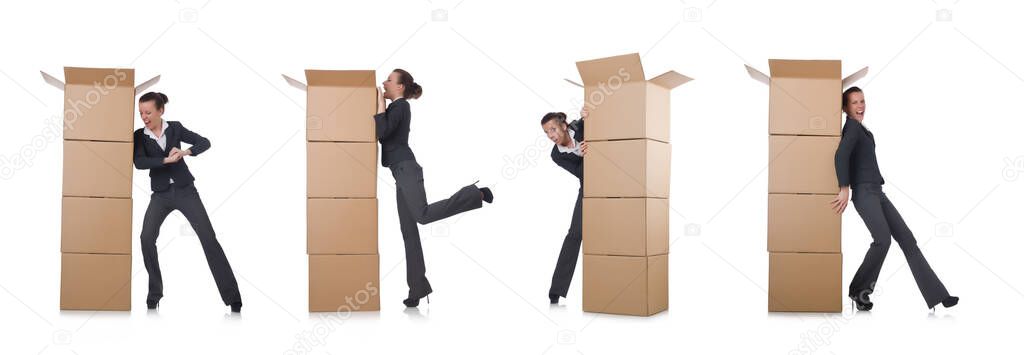 Woman businesswoman with boxes on white