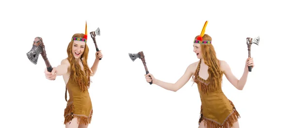 Indian woman with axes on white — Stock Photo, Image