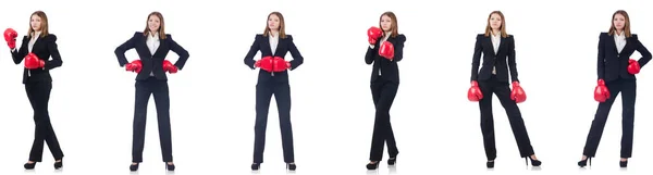 Mujer de negocios con guantes de boxeo aislados en blanco —  Fotos de Stock