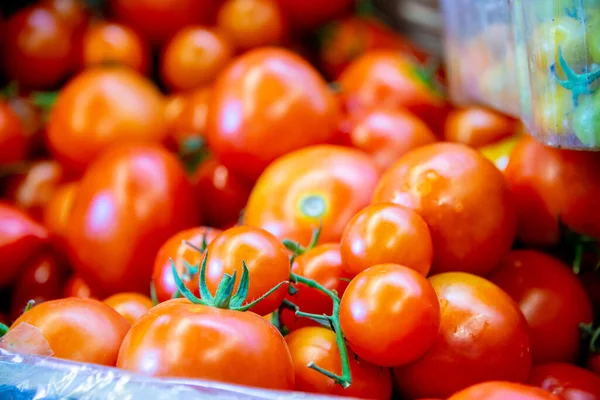 Tomatoes at the market display stall — Stock Photo, Image